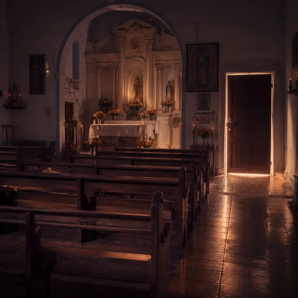 Interior de iglesia vacía con puerta lateral cerrada