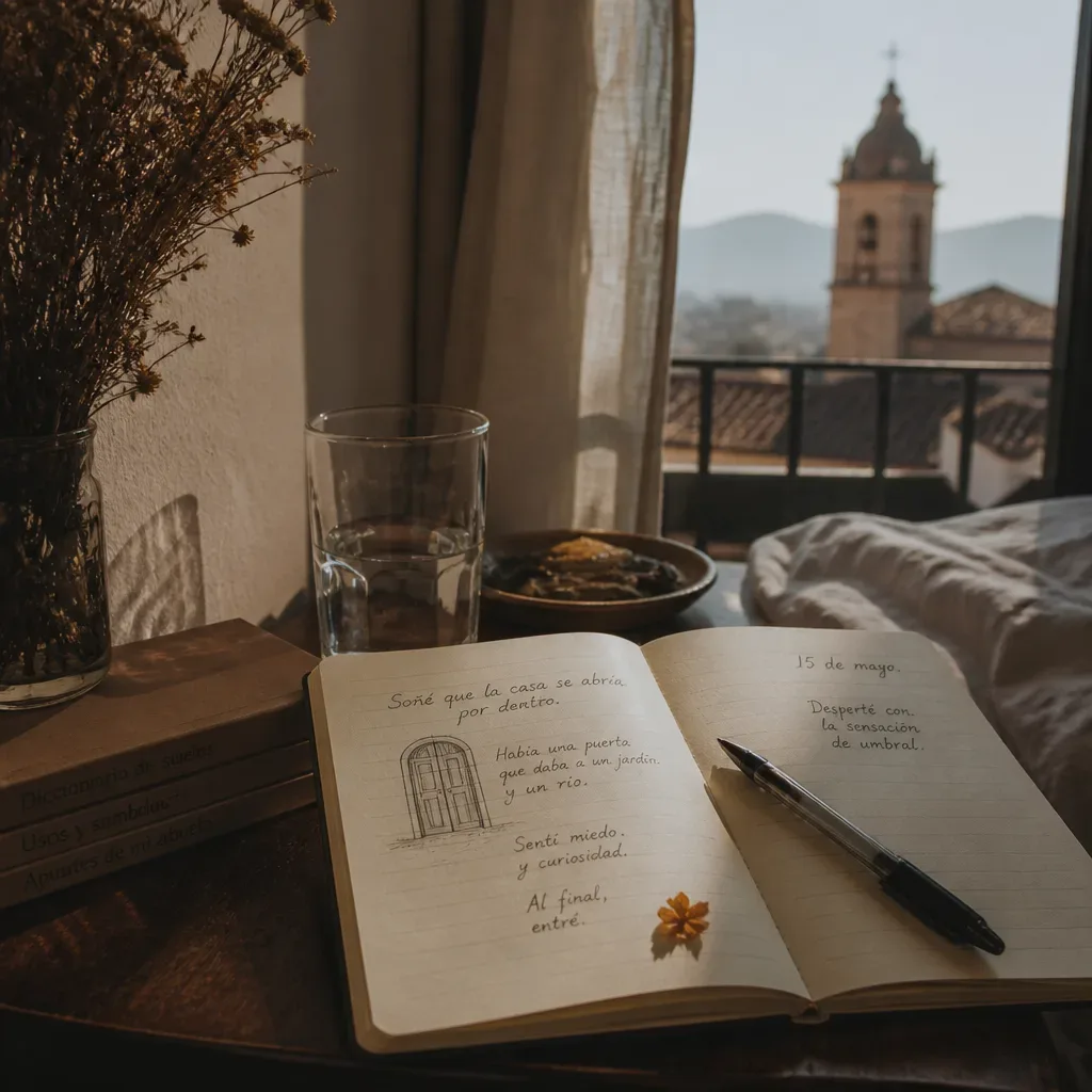 Cuaderno matutino con sueño escrito junto a la ventana