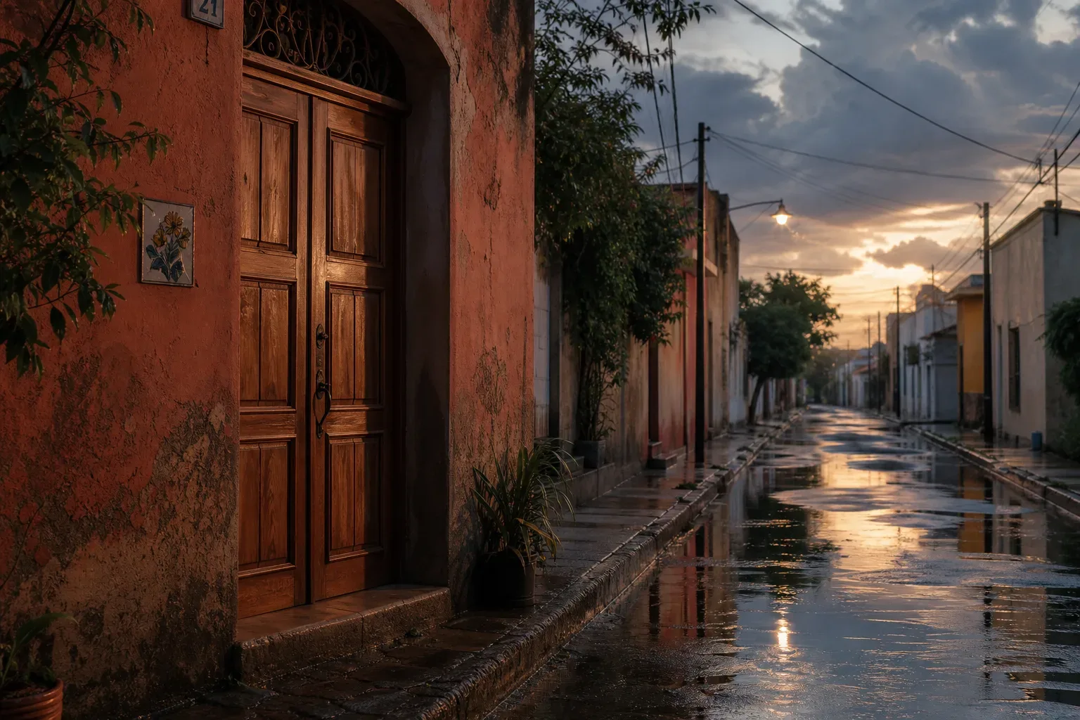 Calle inundada al amanecer después de la lluvia