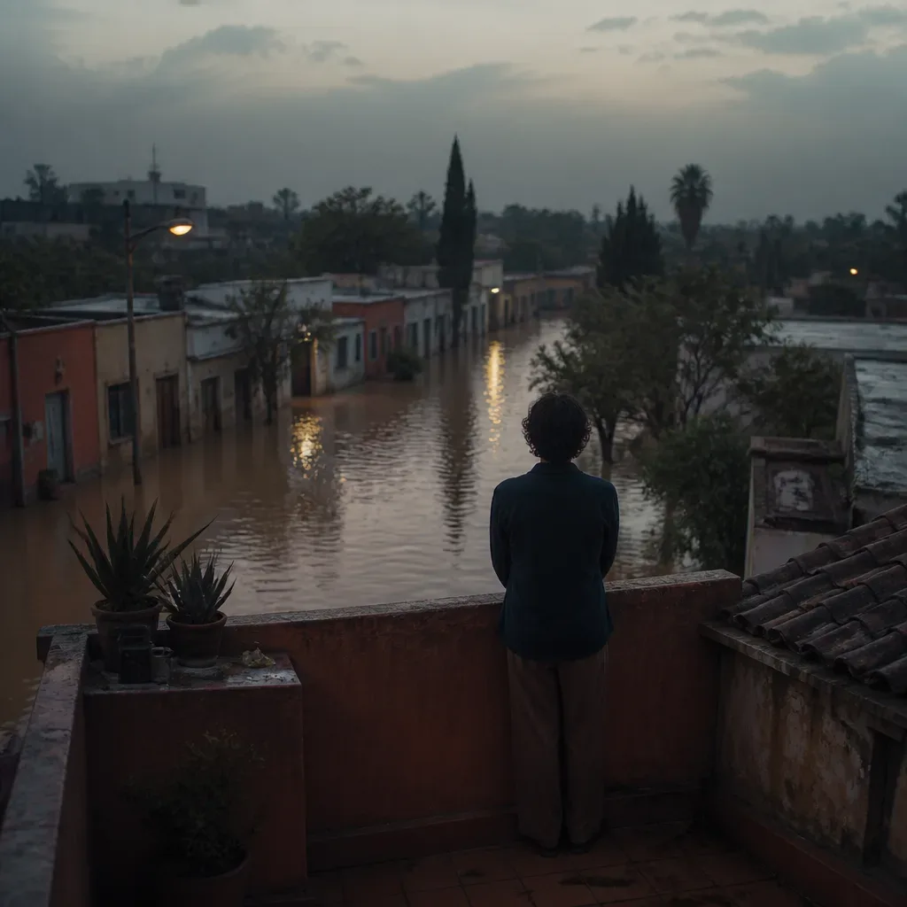 Persona observa una calle inundada desde una azotea