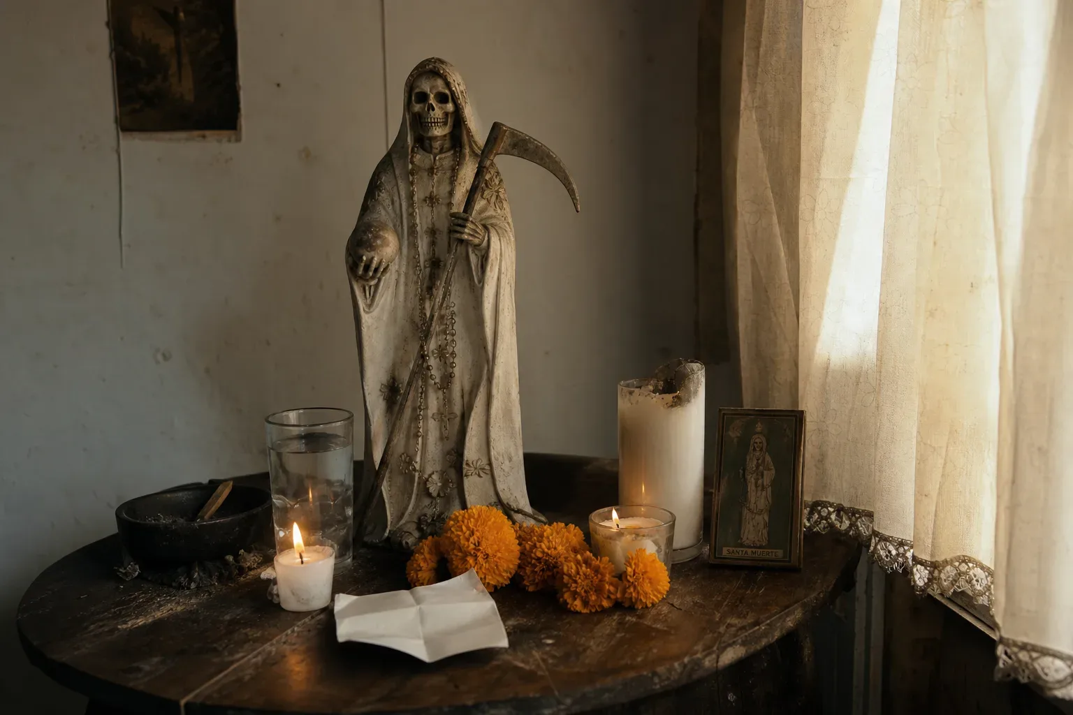 Altar sobrio de la Santa Muerte con veladoras
