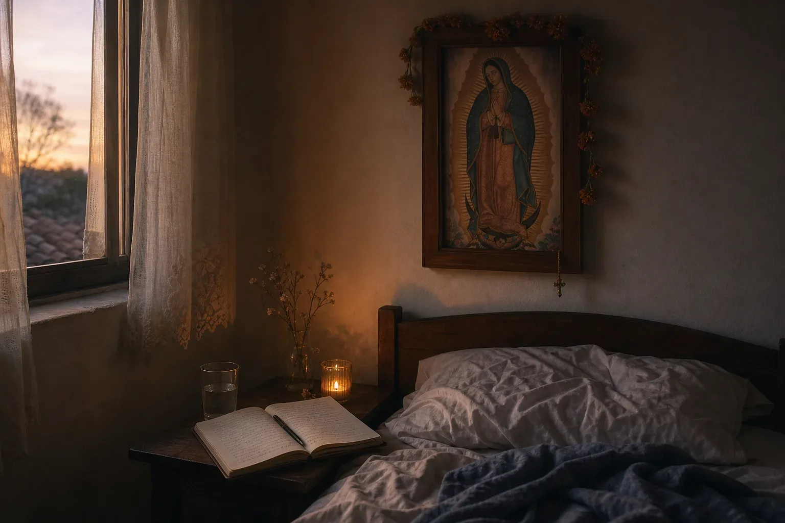 Figura de la Virgen iluminada en una habitación serena