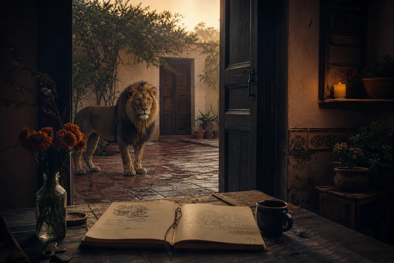 León tranquilo entre sombras cálidas al amanecer