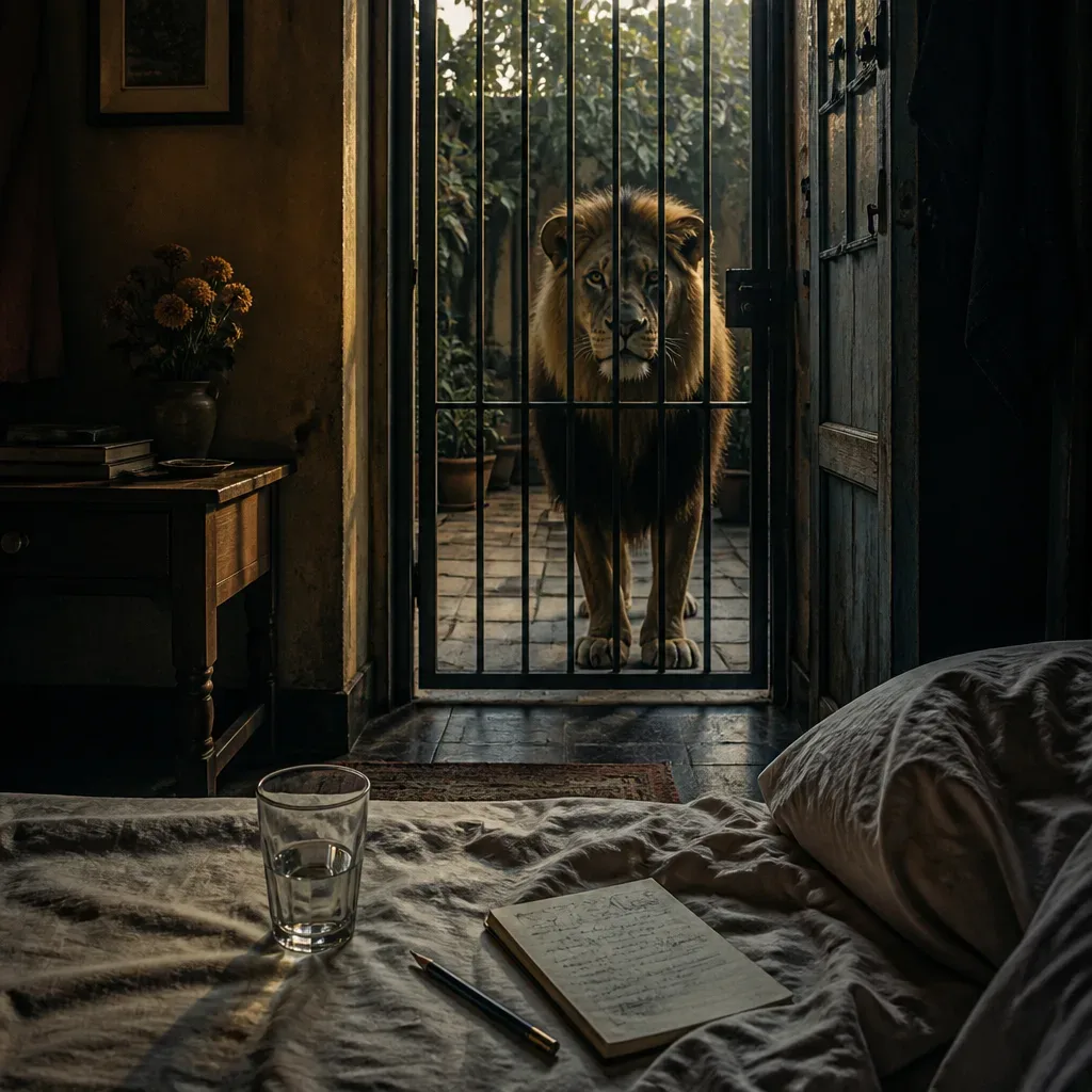 León tranquilo detrás de una reja doméstica