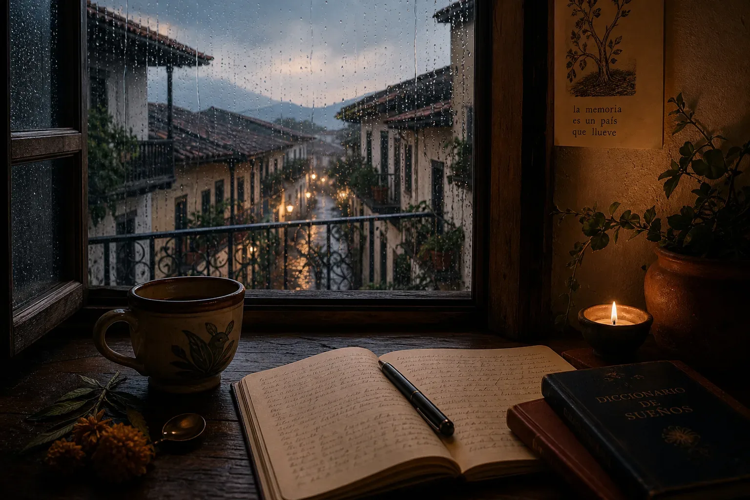 Persona mirando lluvia desde una ventana al amanecer