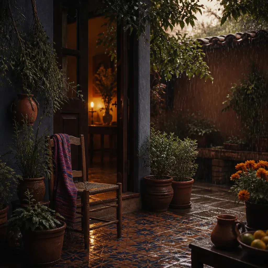 Lluvia suave cayendo sobre un patio familiar