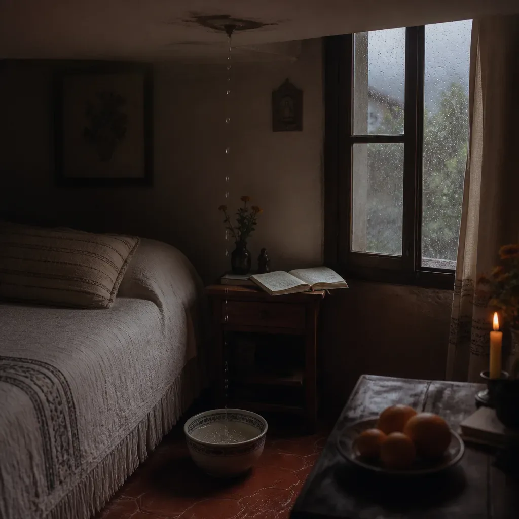 Goteras de lluvia en un cuarto tranquilo