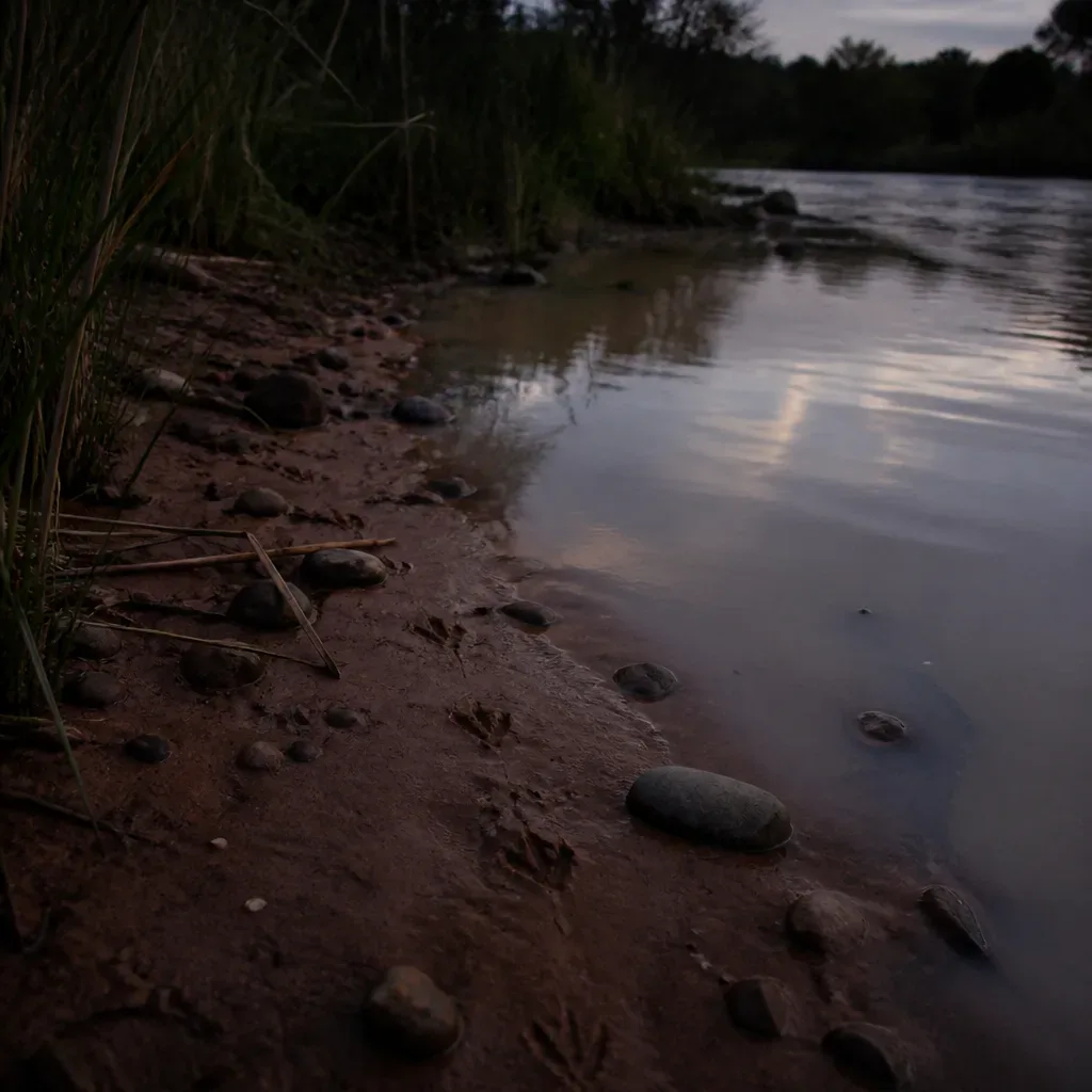 Ribera lodosa junto a un río tranquilo