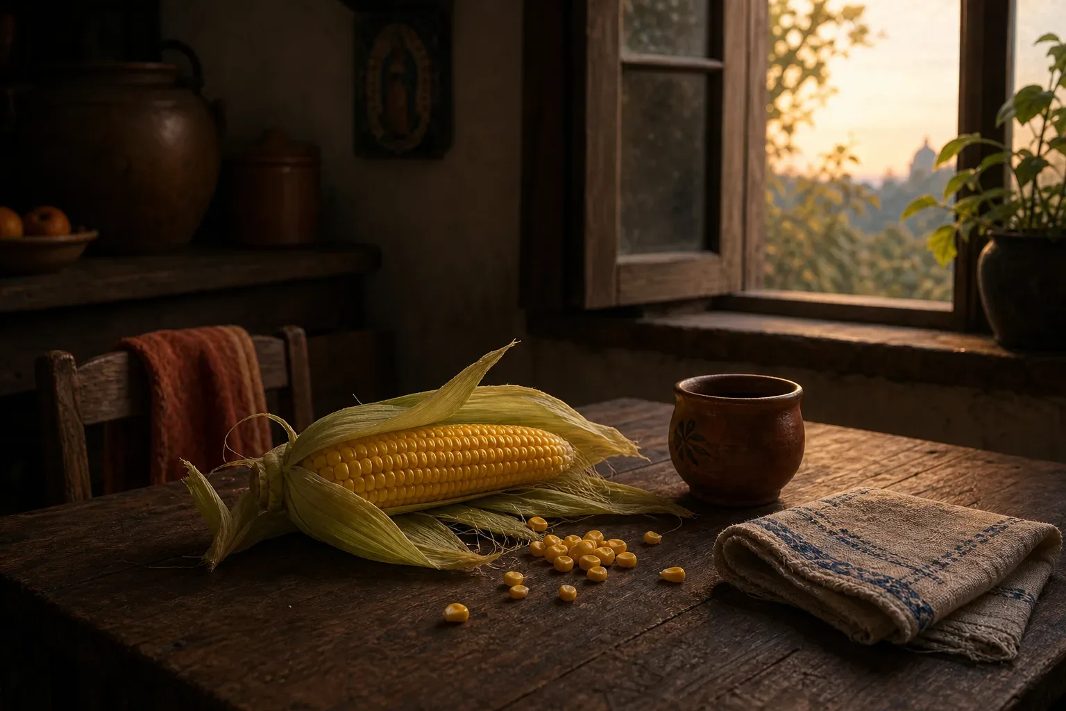 Mazorca de maíz sobre una mesa al amanecer