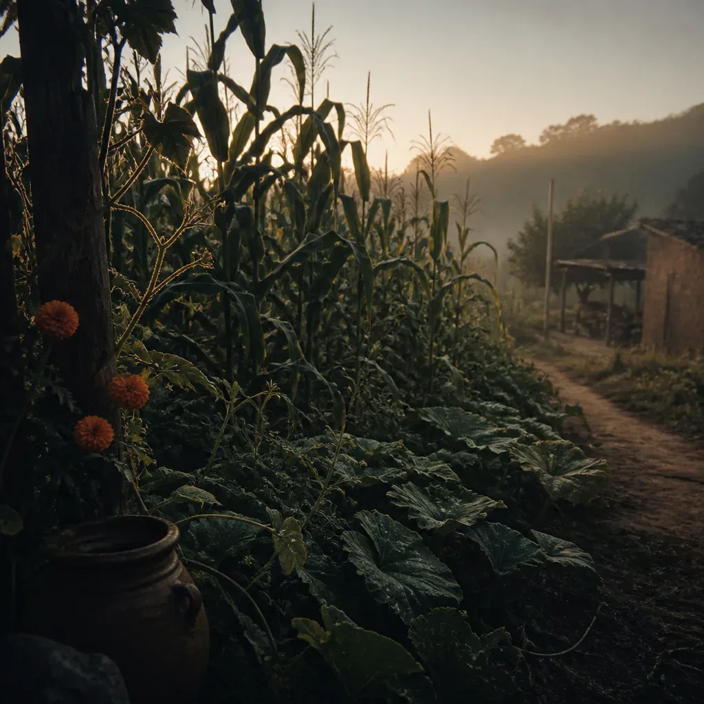 Milpa de maíz iluminada por la mañana