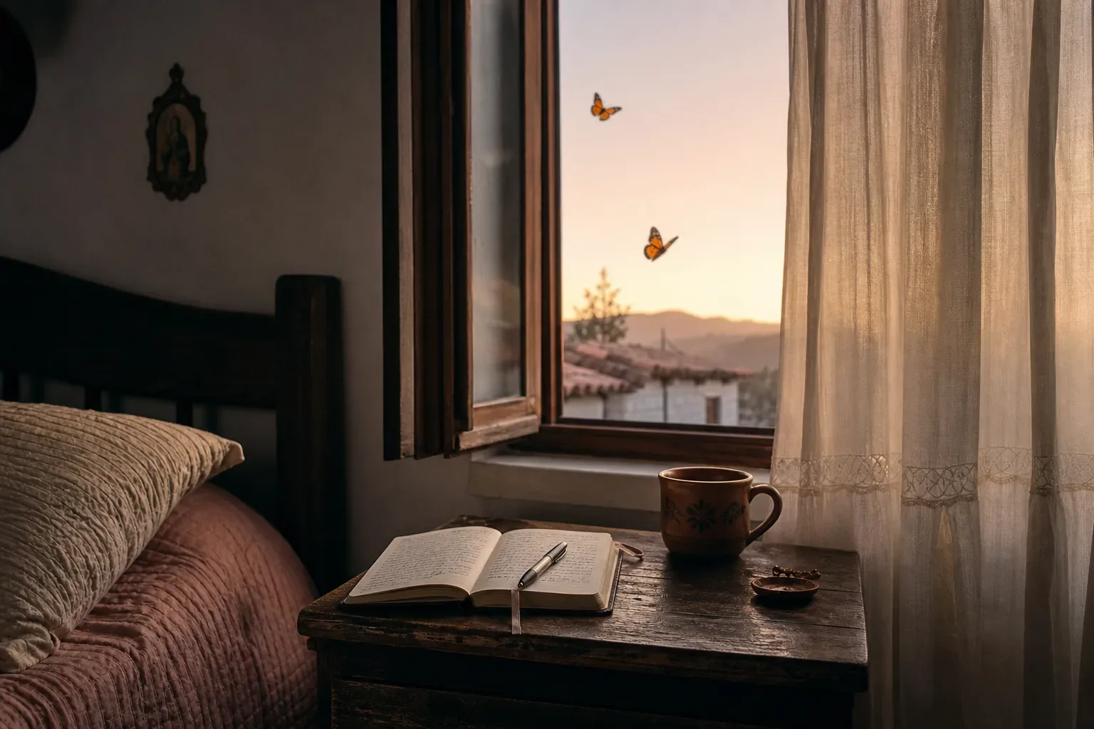 Mariposas junto a una ventana al amanecer