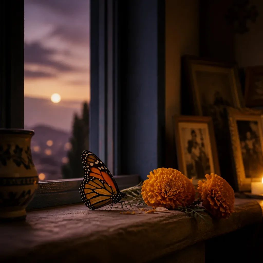 Mariposa monarca junto a flores de cempasúchil