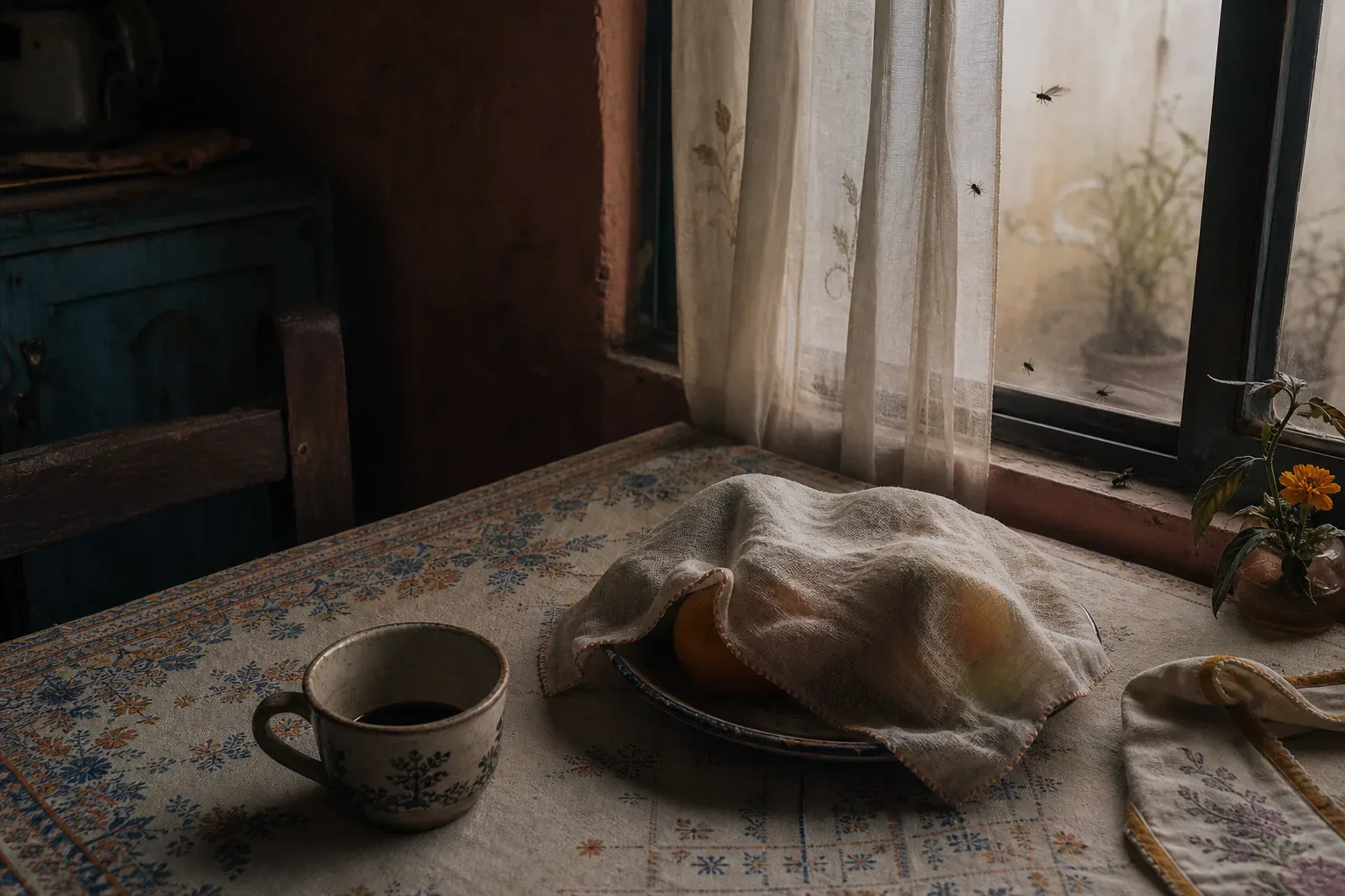 Moscas sobre una mesa al amanecer
