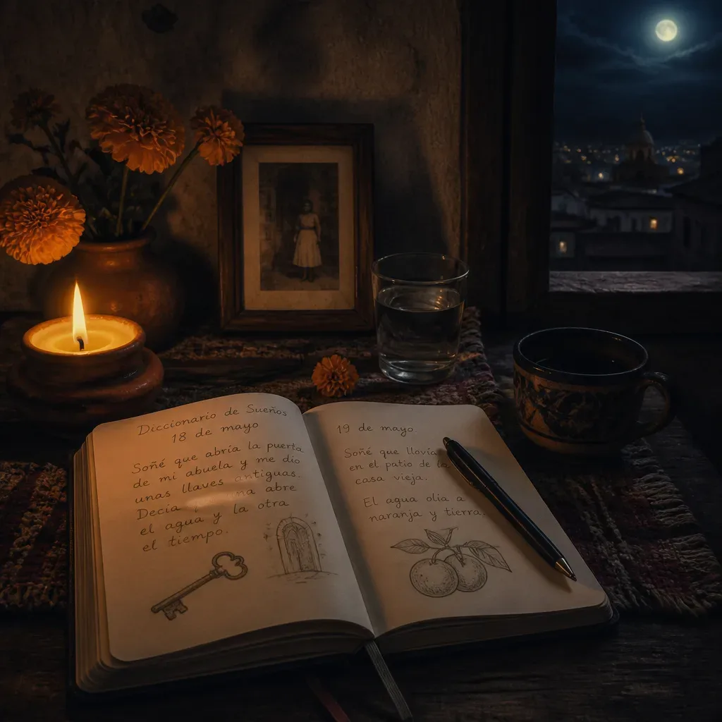 Altar familiar con vela y cuaderno abierto