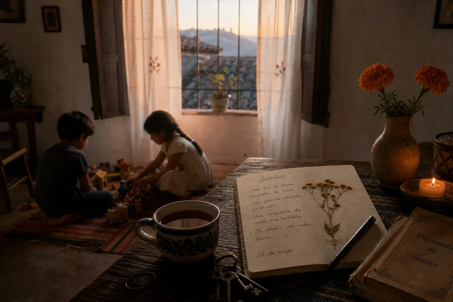 Niños jugando bajo luz suave al amanecer