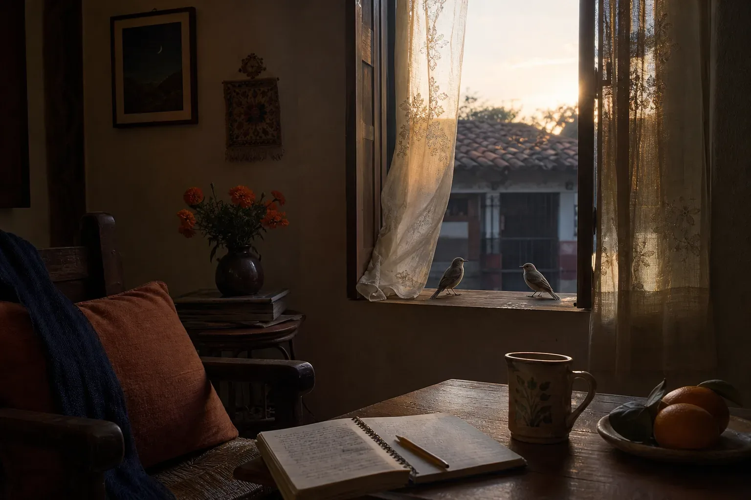 Pájaros tranquilos dentro de una casa al amanecer