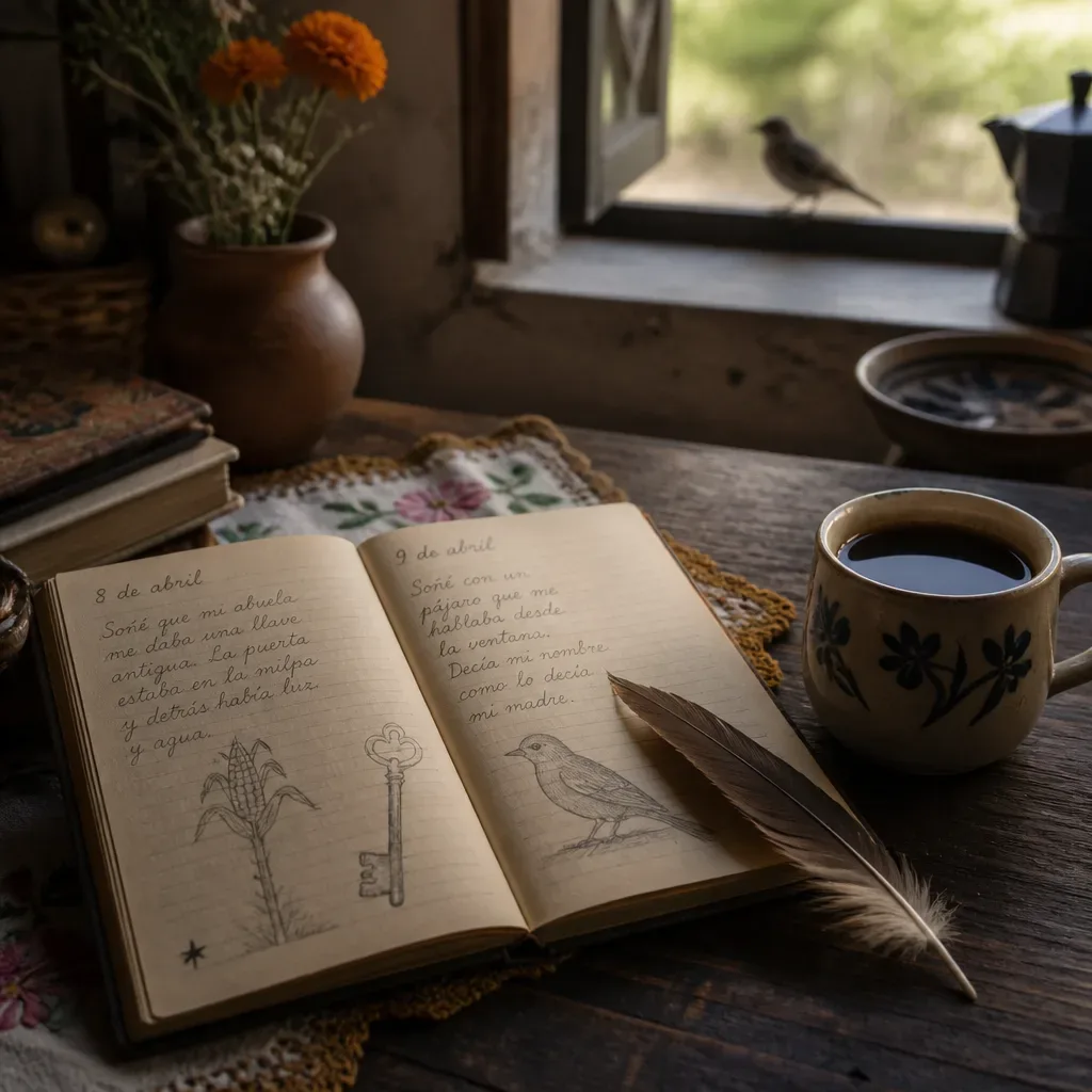 Diario de sueños con pluma sobre una mesa