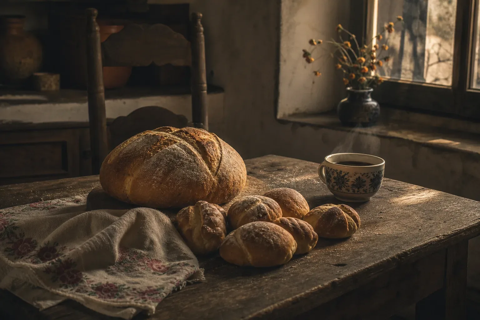 Pan tibio sobre una mesa familiar al amanecer