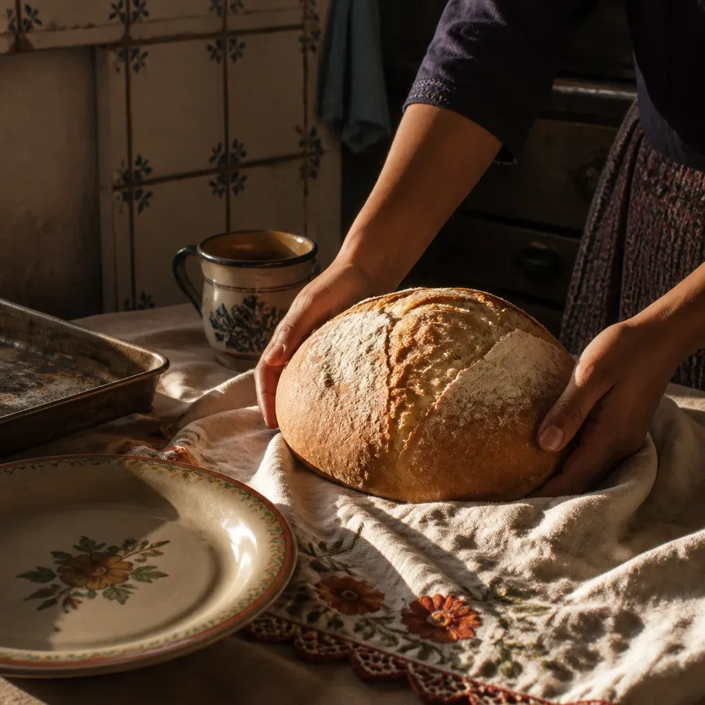 Pan recién horneado sobre una mesa de cocina