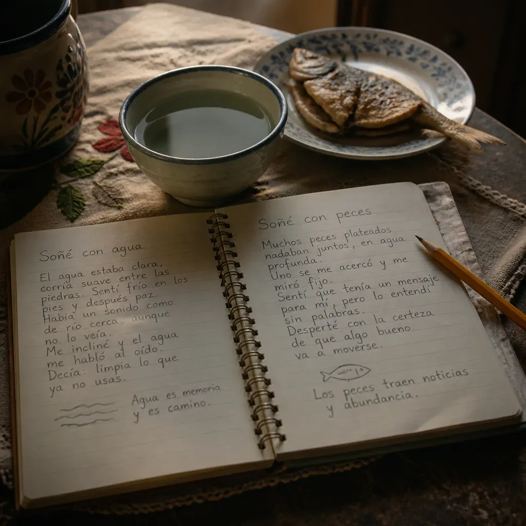 Cuaderno de sueños junto a una mesa con pescado