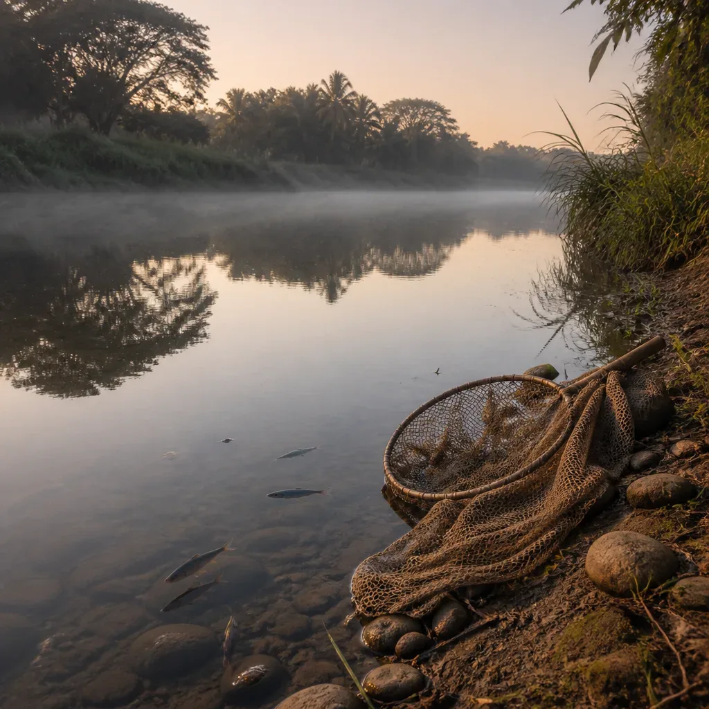 Red de pesca junto a un río al amanecer