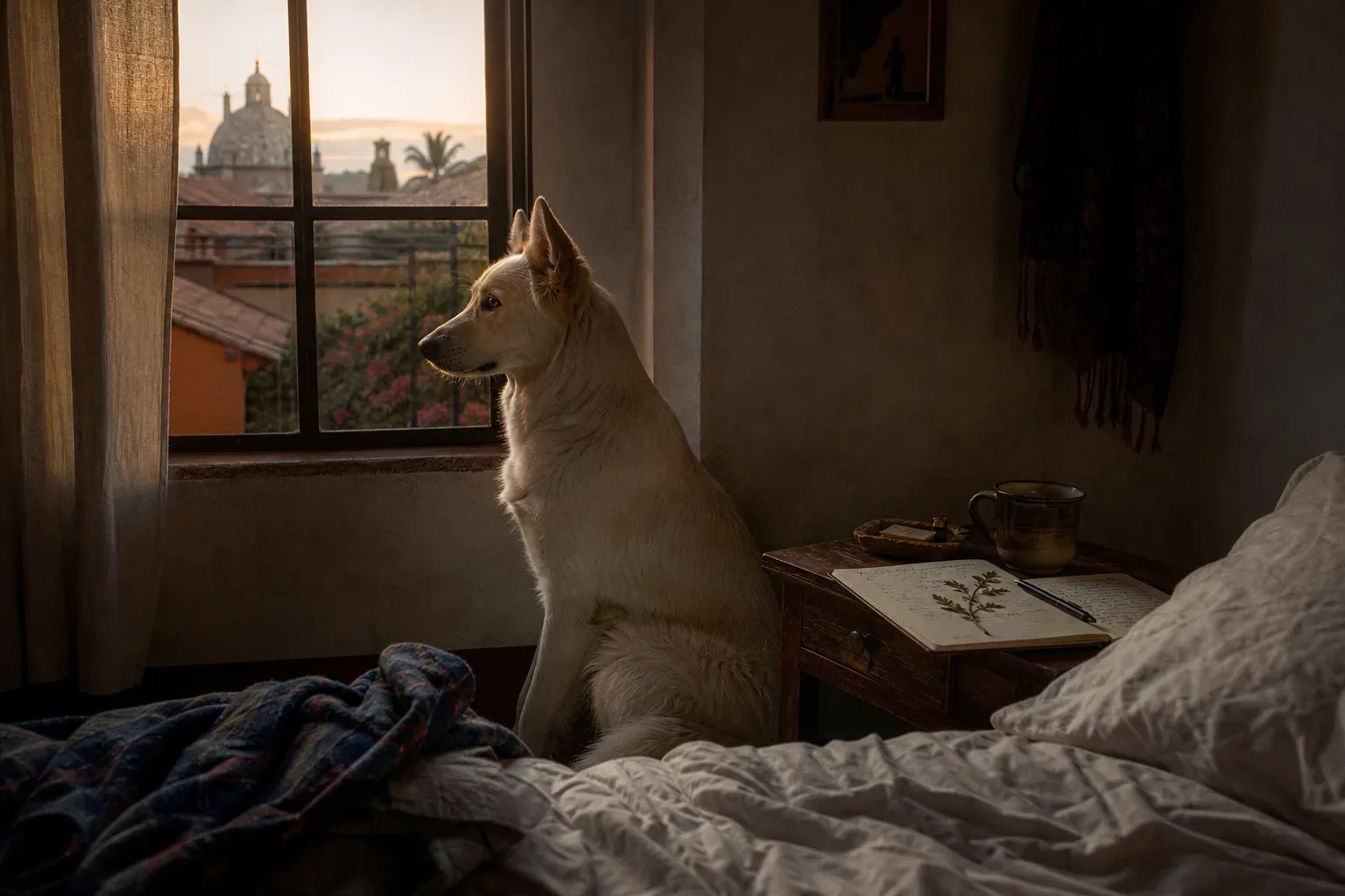Perro blanco tranquilo junto a una ventana al amanecer