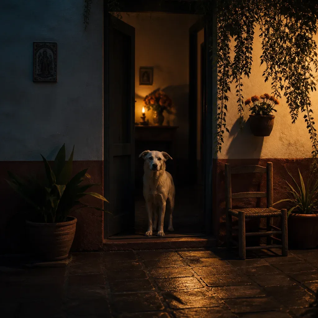 Perro blanco vigilando una puerta al amanecer