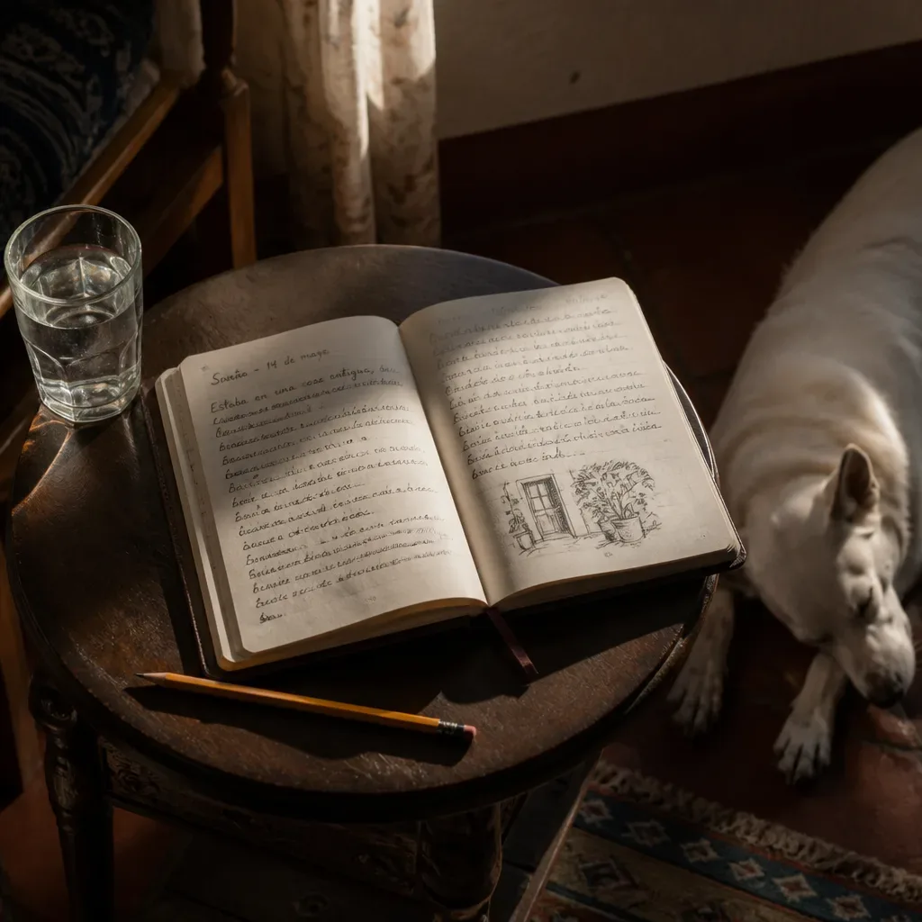 Diario de sueños junto a un perro blanco