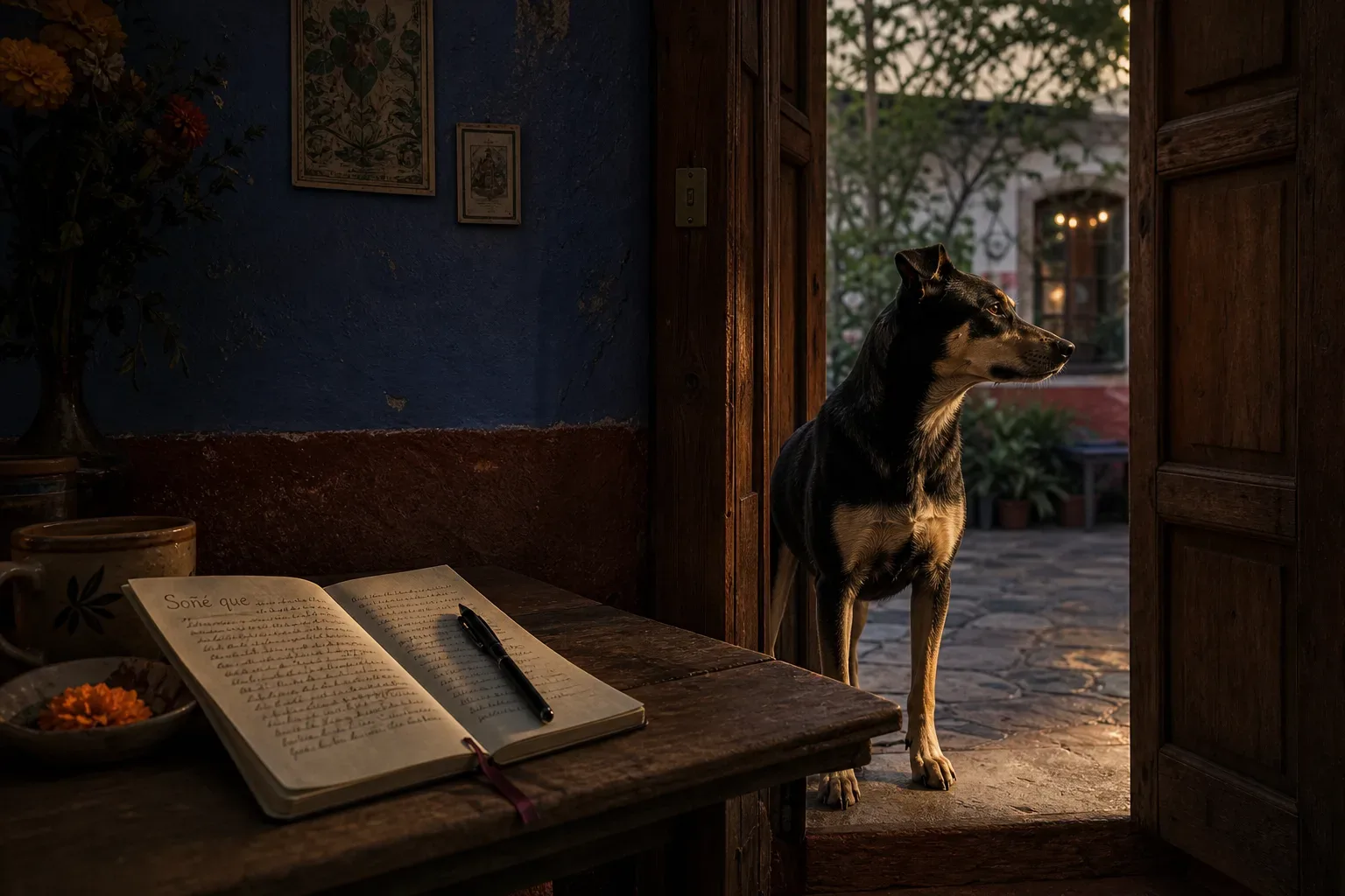 Perro atento junto a una puerta al amanecer
