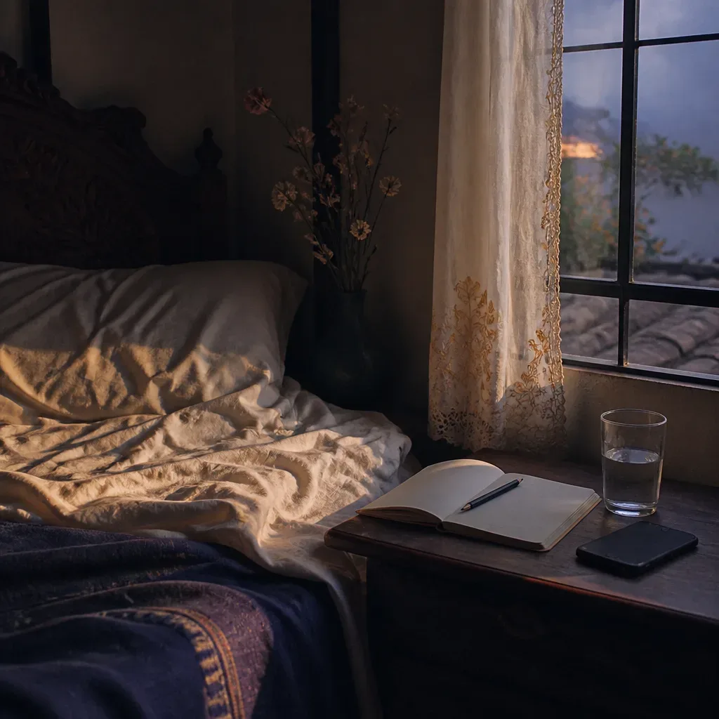 Cuaderno abierto junto a la cama al amanecer