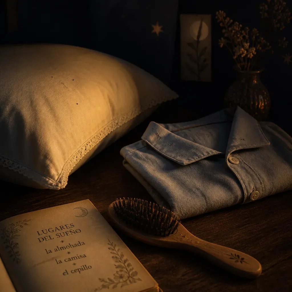 Almohada, camisa y cepillo sobre mesa de noche