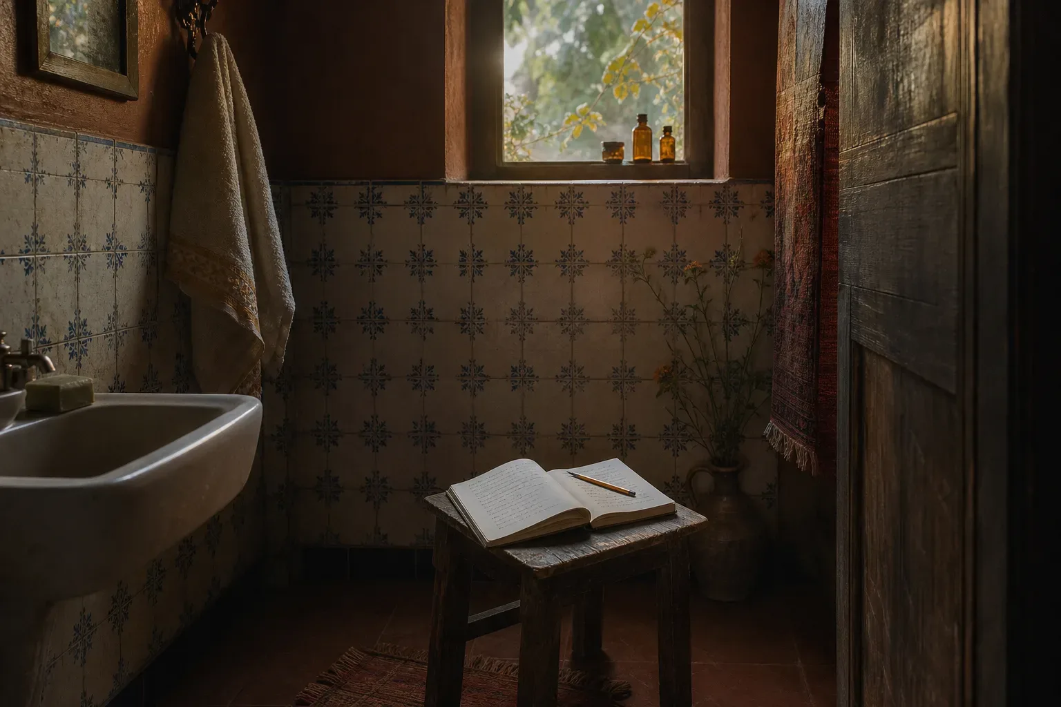 Baño antiguo con luz de mañana y cuaderno abierto