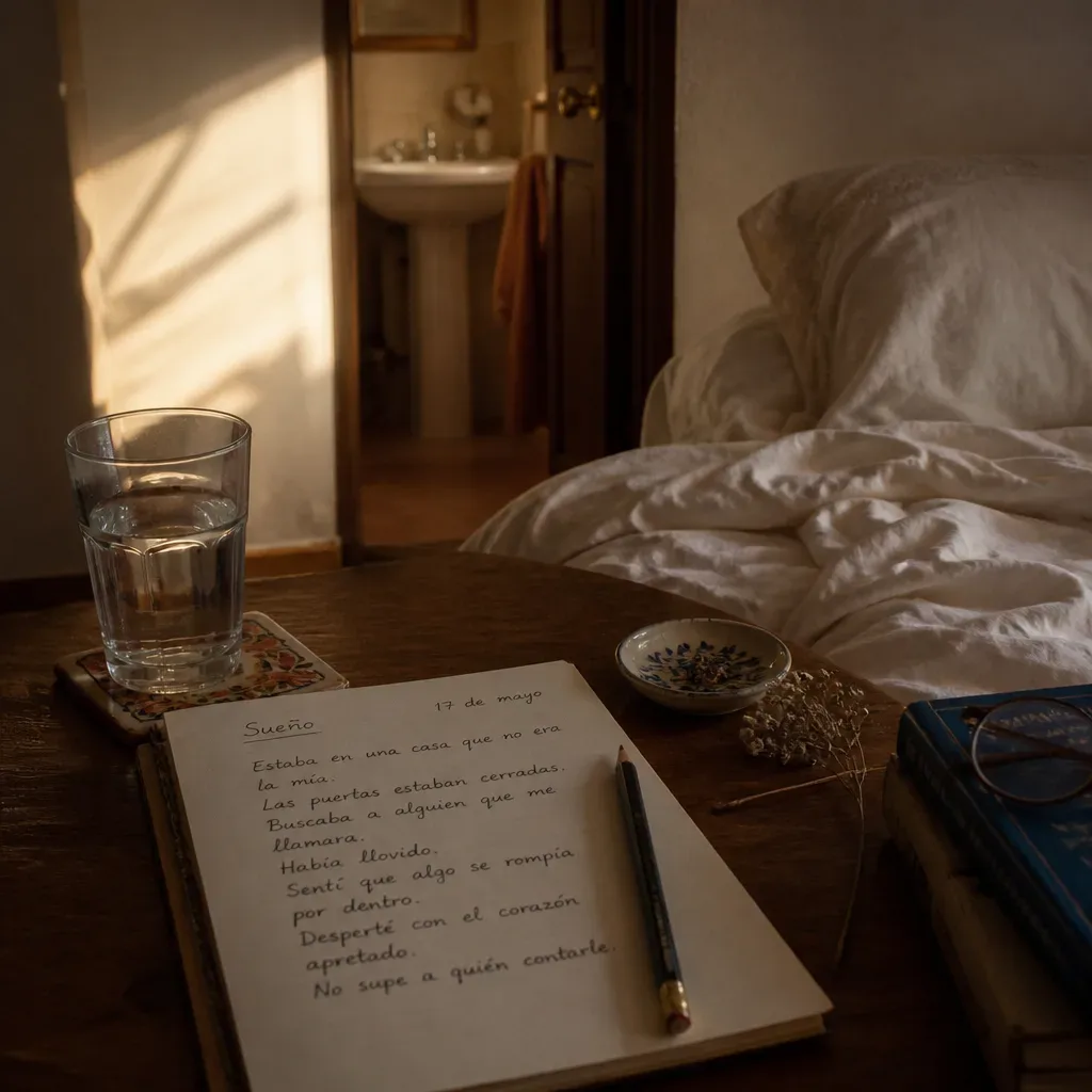 Cuaderno de sueños junto a una cama desordenada