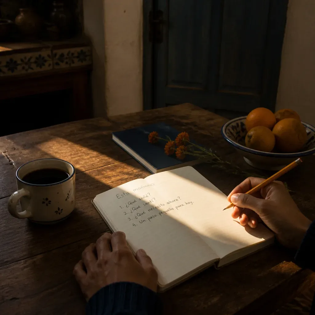 Manos escribiendo un sueño en la mesa