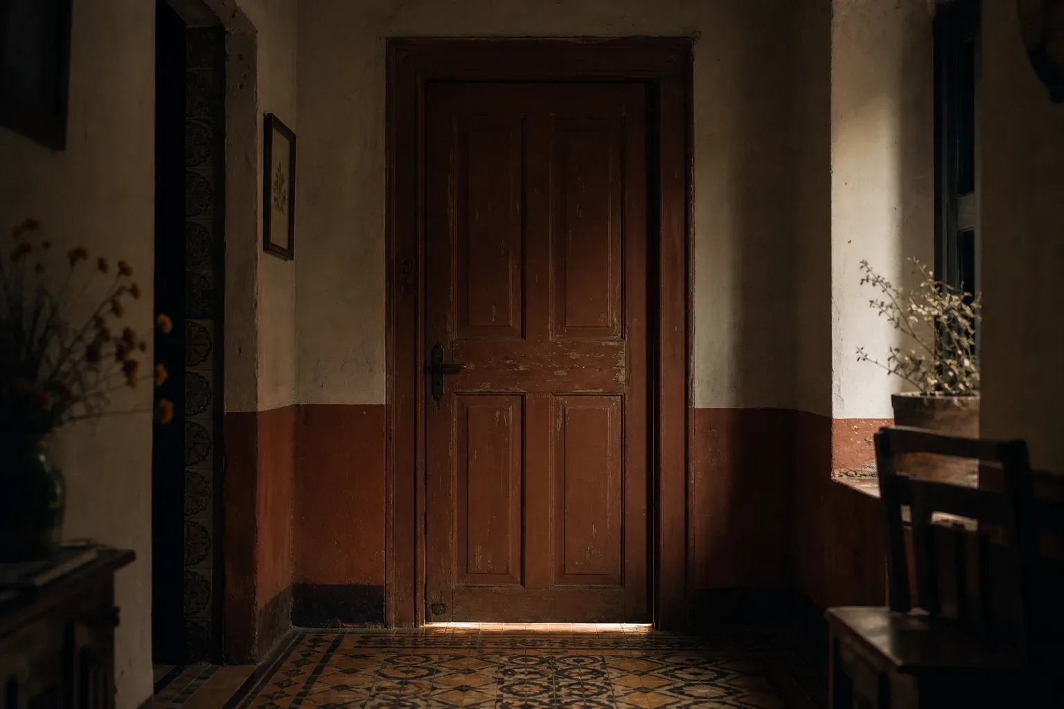 Puerta cerrada al amanecer en una casa antigua