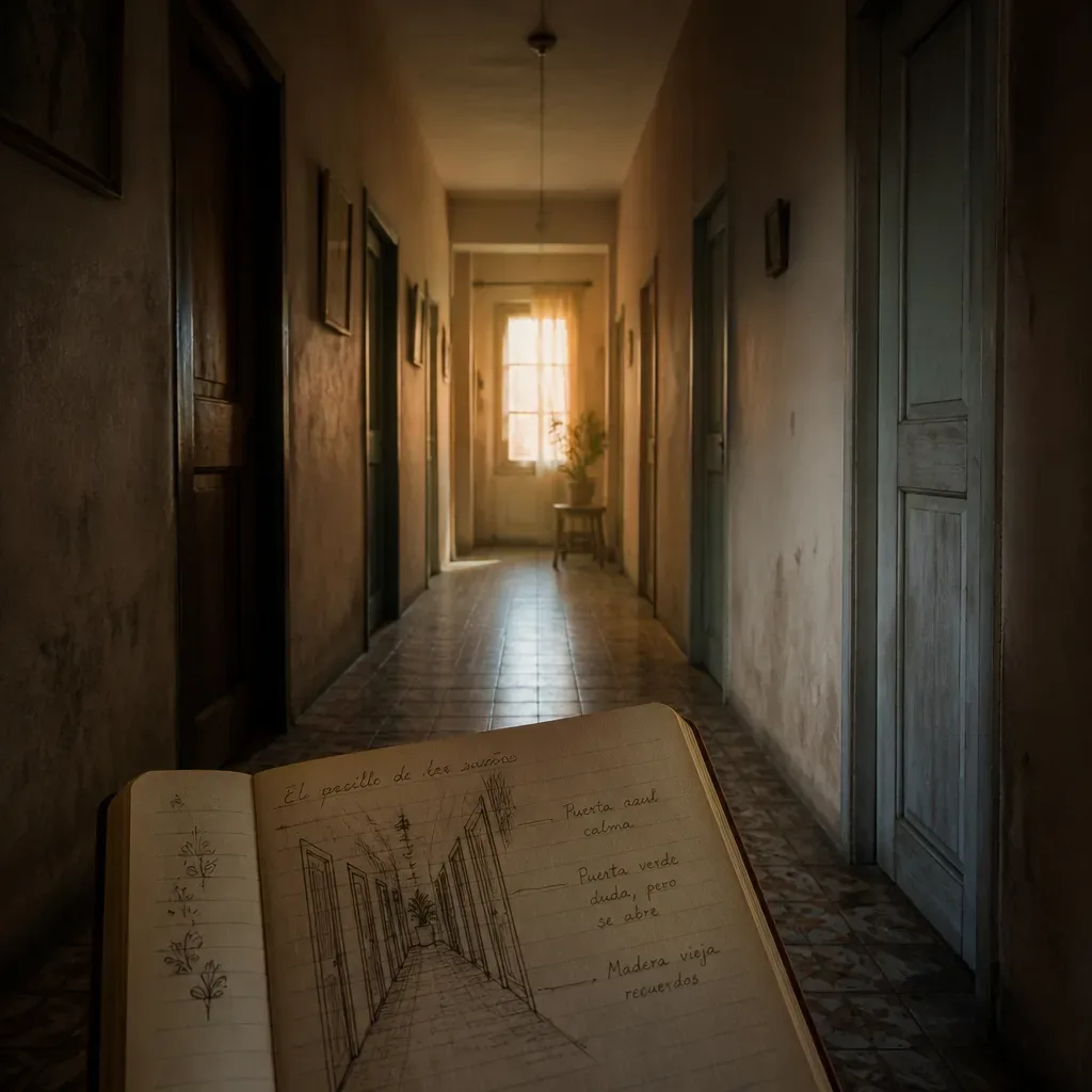 Pasillo con varias puertas cerradas al amanecer