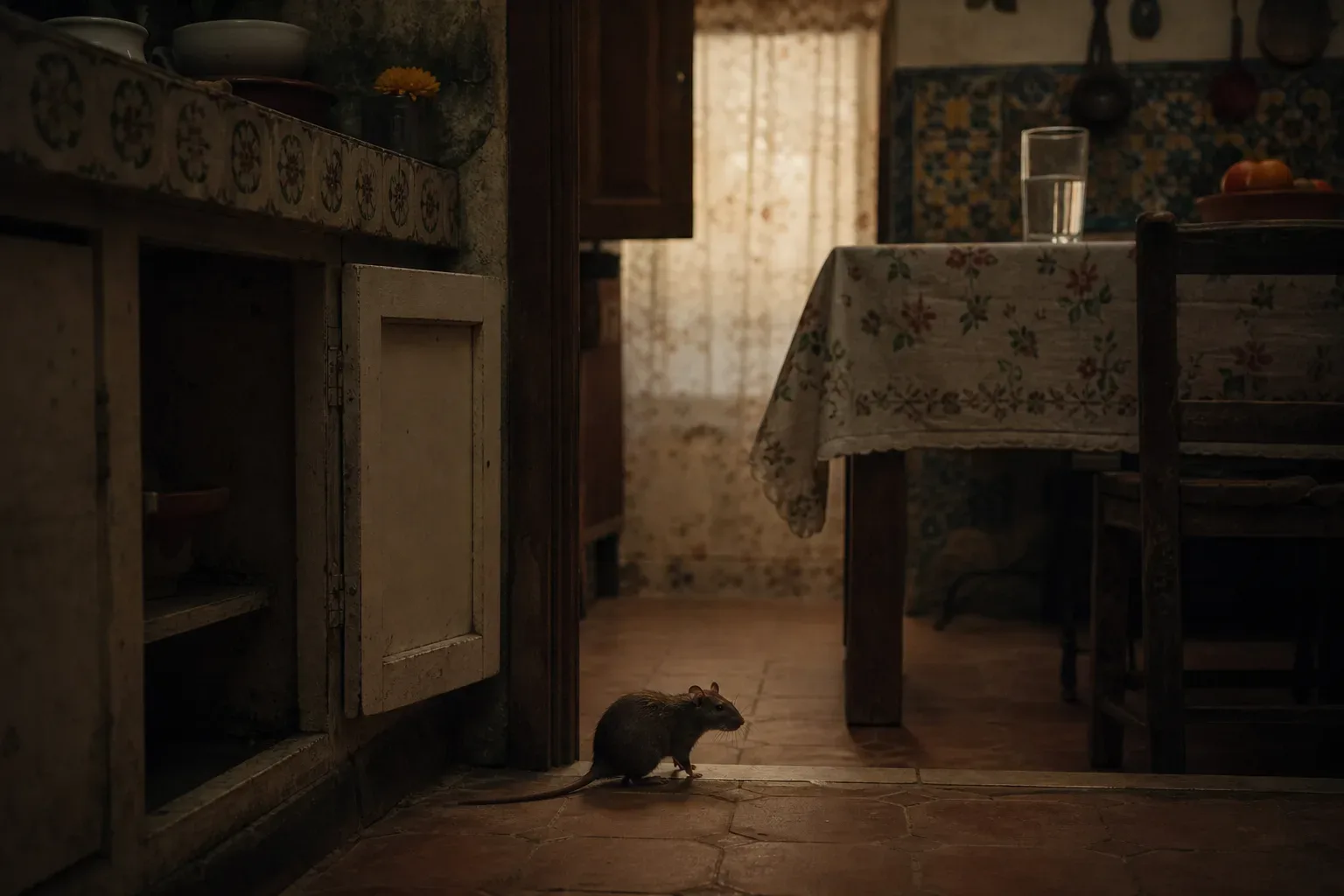 Rata en una cocina oscura al amanecer