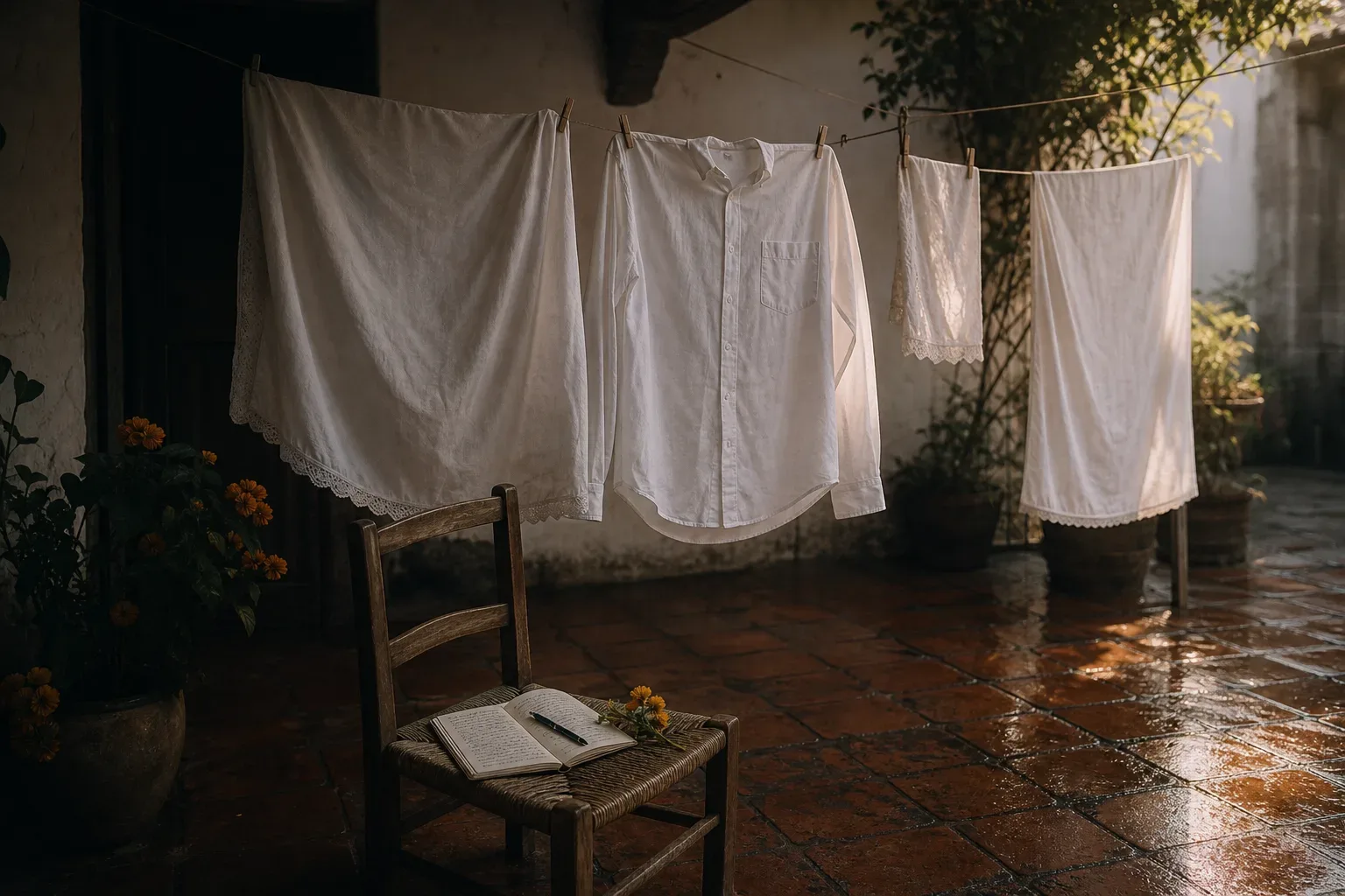 Ropa blanca tendida al amanecer en un patio tranquilo