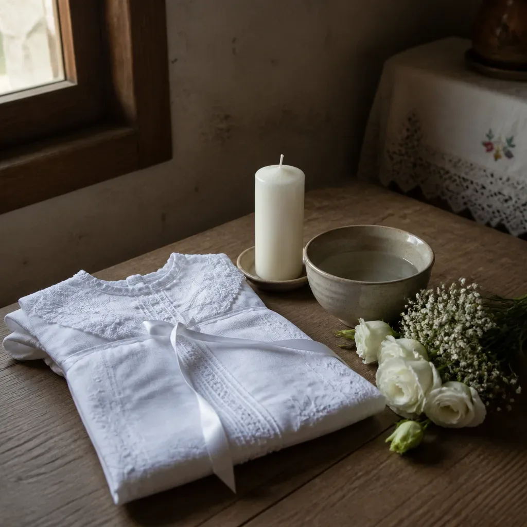 Vestido blanco, vela y flores sobre mesa de madera