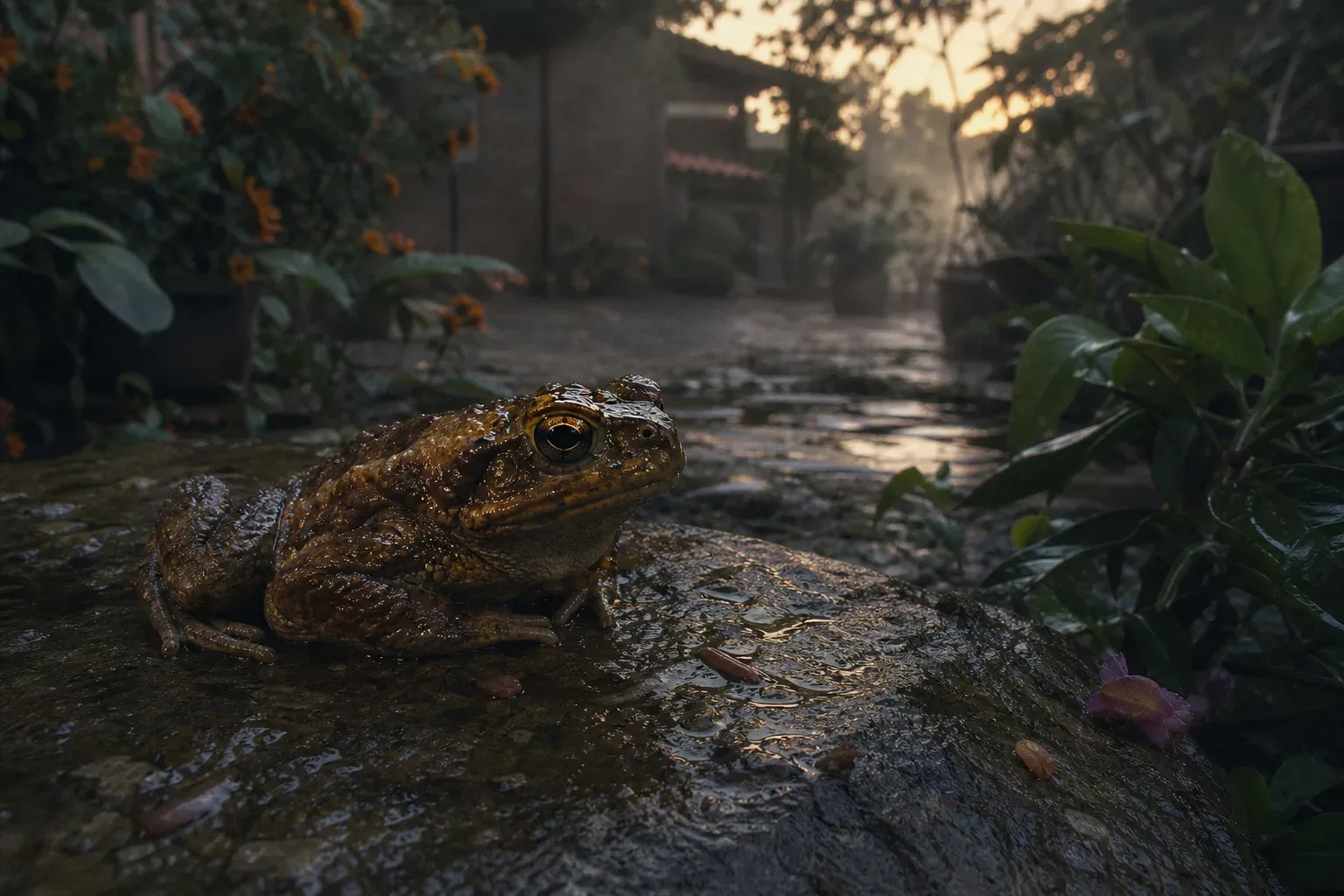 Sapo sobre piedra húmeda al amanecer