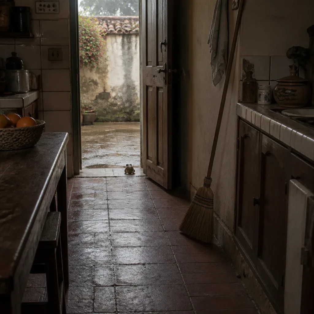 Sapo en el umbral de una cocina antigua