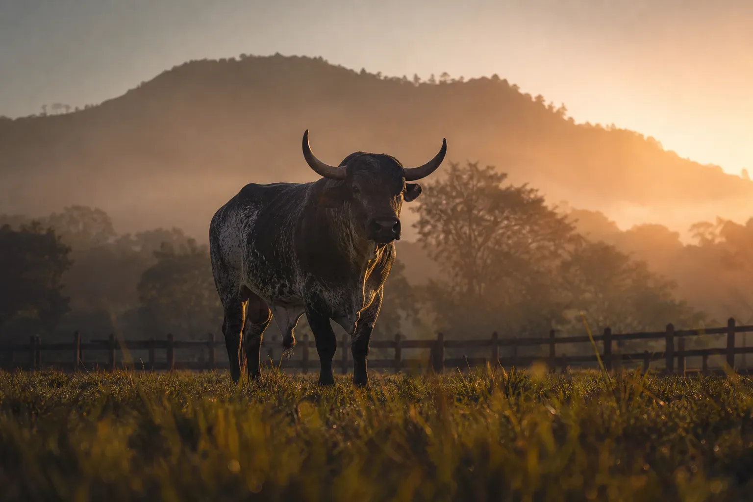 Toro quieto al amanecer en un campo latino