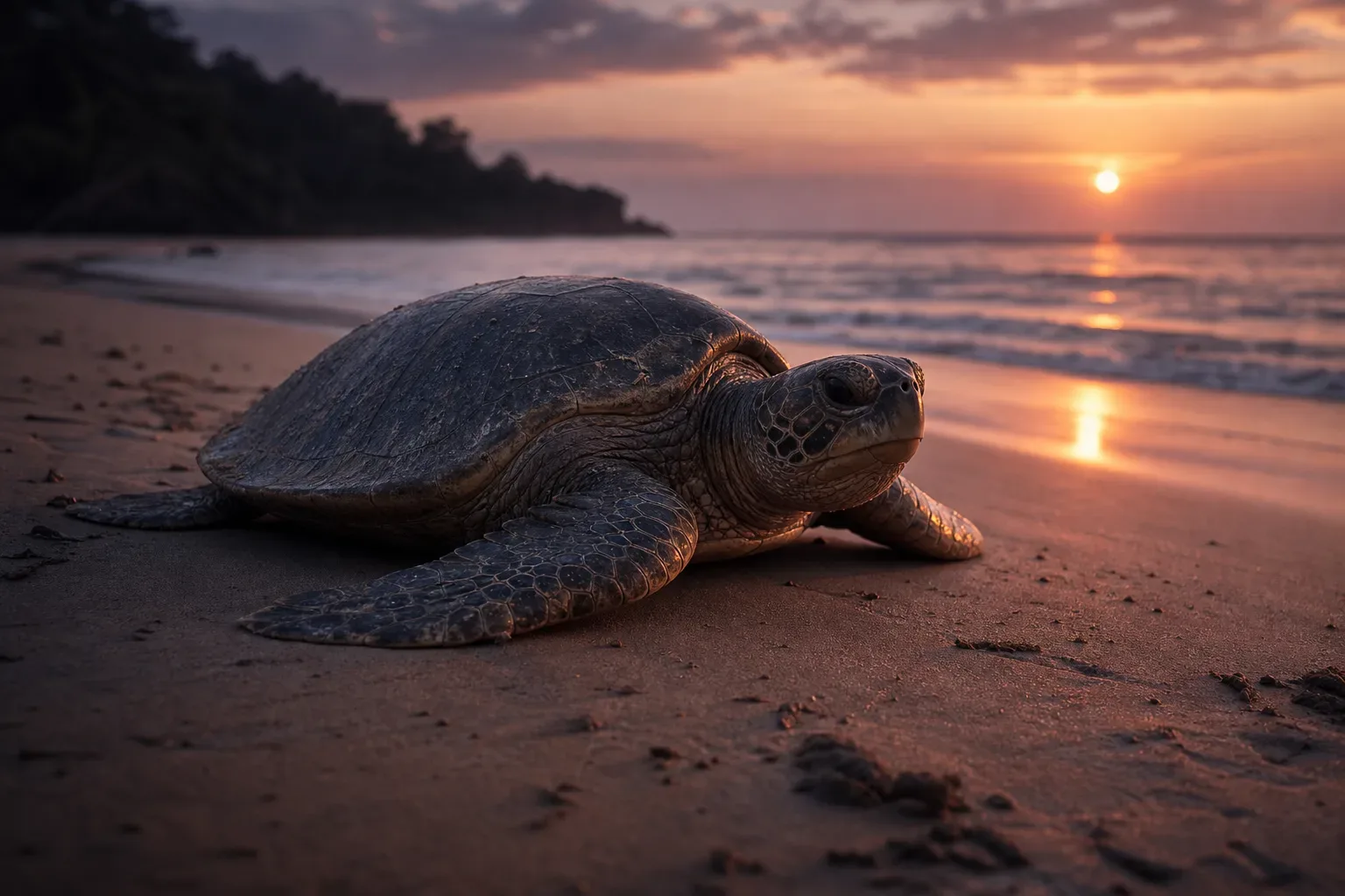Tortuga tranquila sobre arena al amanecer