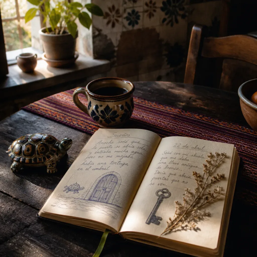 Cuaderno de sueños junto a tortuga de cerámica