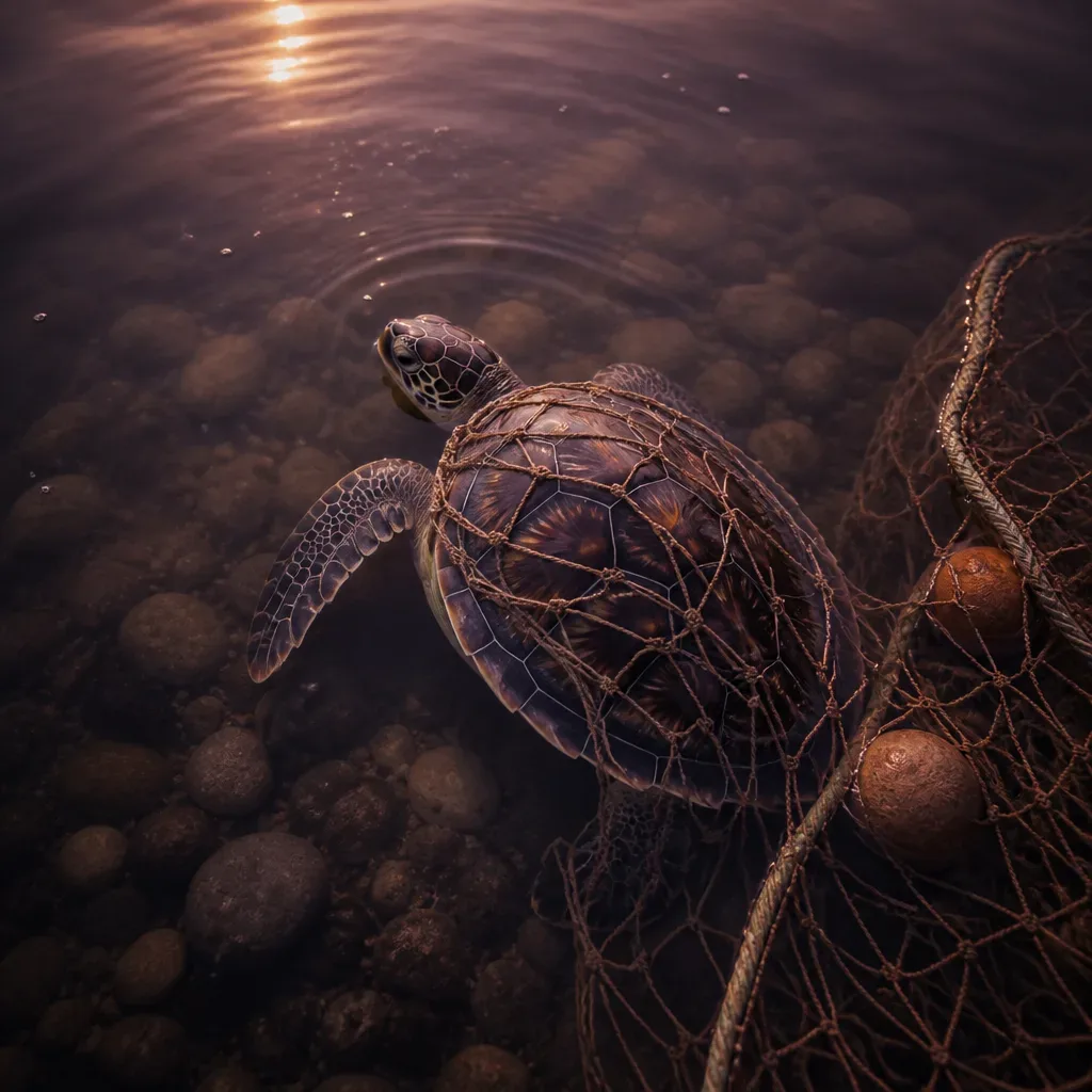 Tortuga vulnerable cerca de una red en agua baja