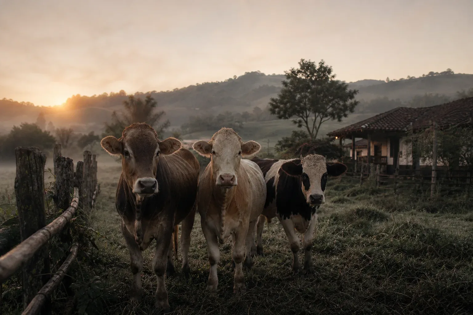 Vacas tranquilas en un campo al amanecer