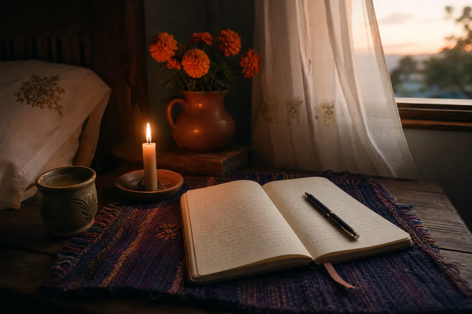 Vela encendida junto a un cuaderno de sueños