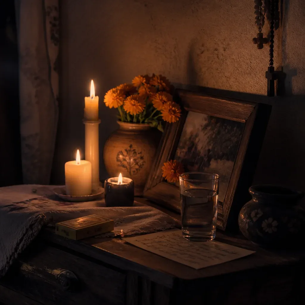 Velas encendidas en un altar familiar latinoamericano