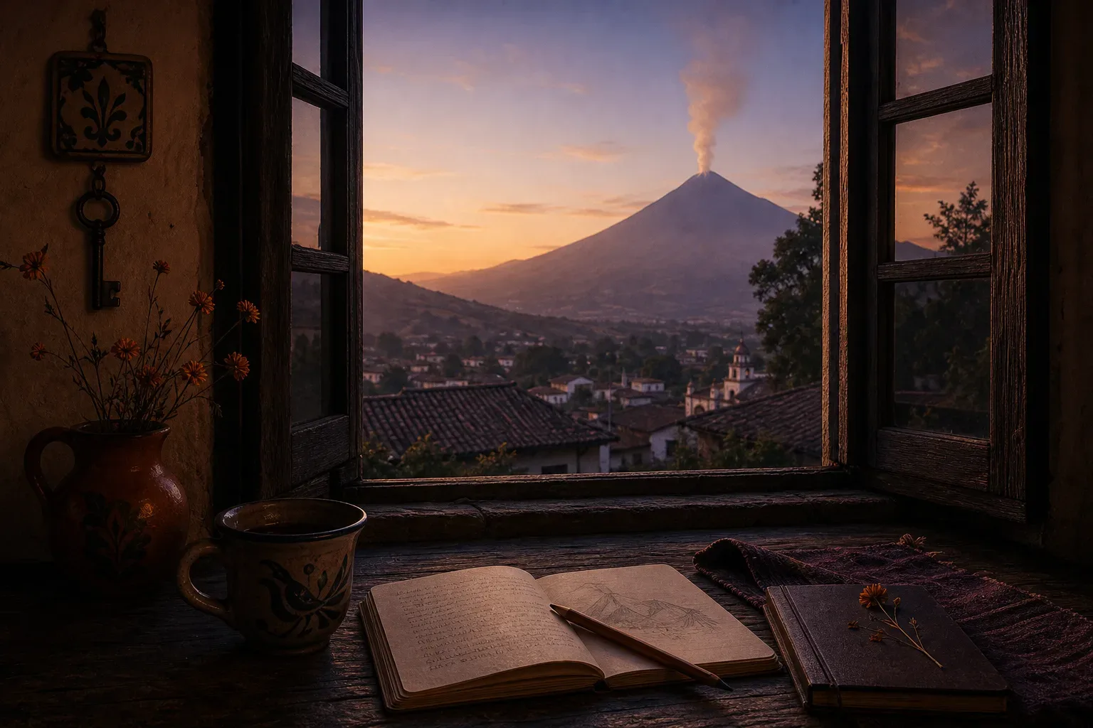 Volcán humeante visto al amanecer desde un valle