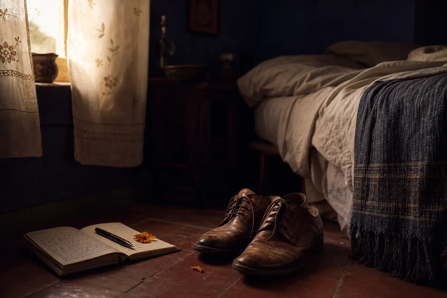 Zapatos junto a una cama al amanecer